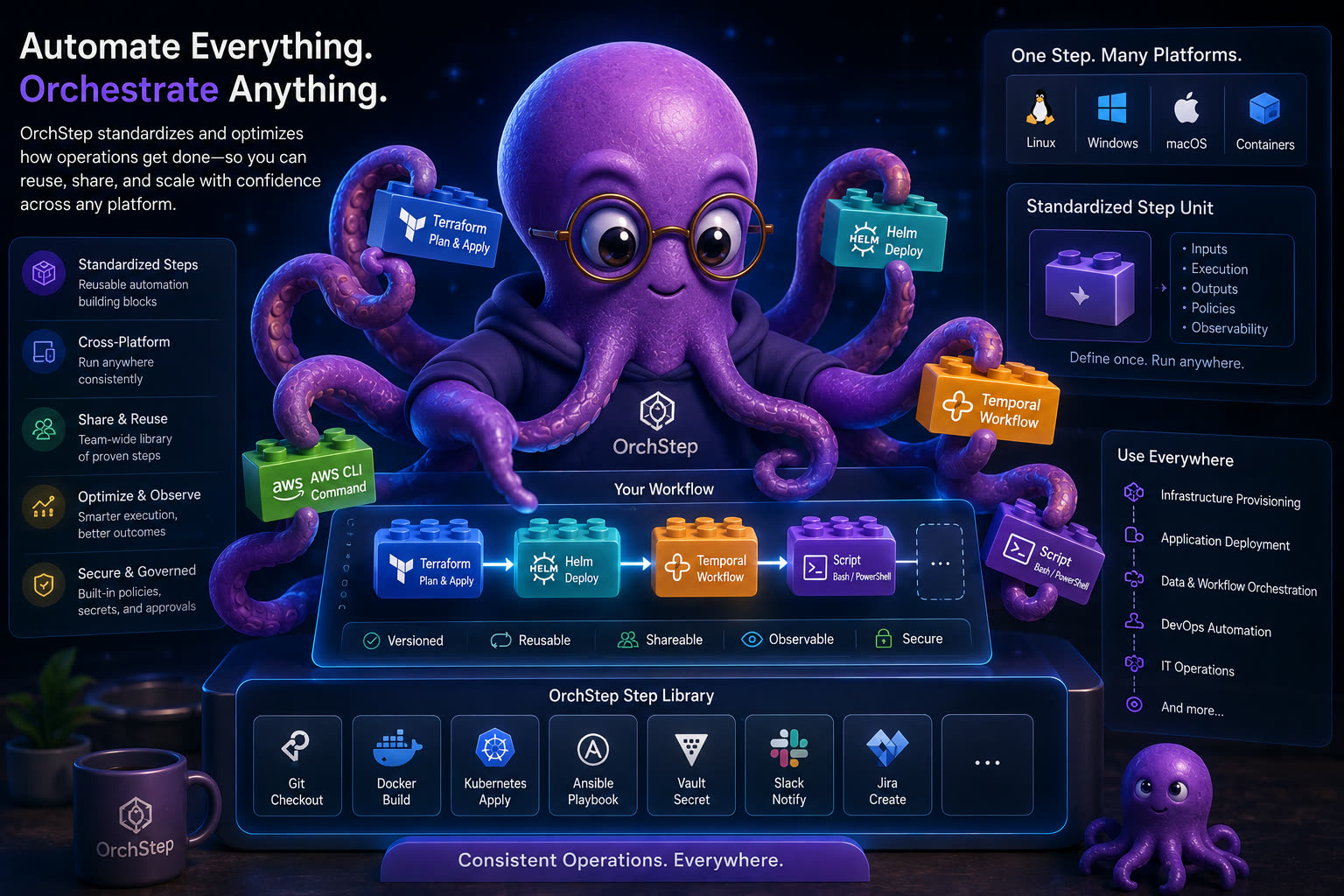 OrchStep: Automate Everything, Orchestrate Anything. Standardized, cross-platform automation steps you can reuse, share, and scale with confidence across any platform.