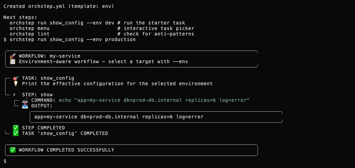 Click to enlarge orchstep init -t env, then run with --env production