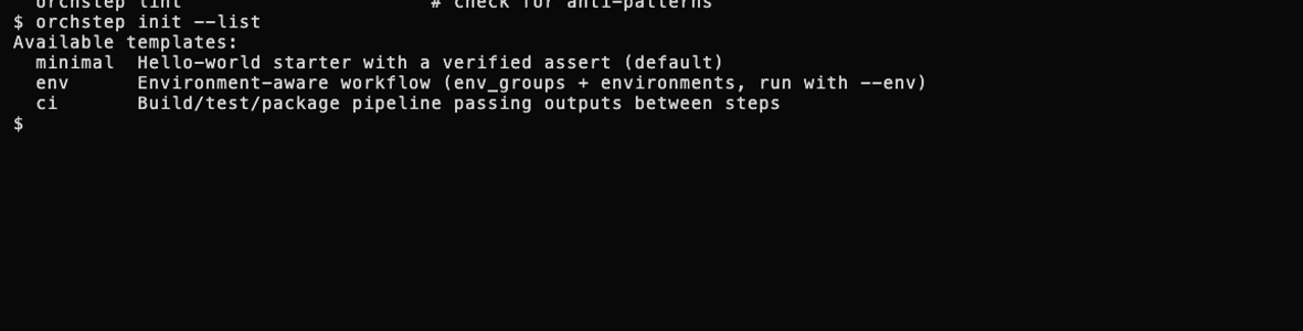 Click to enlarge orchstep init - scaffold a starter workflow and list templates
