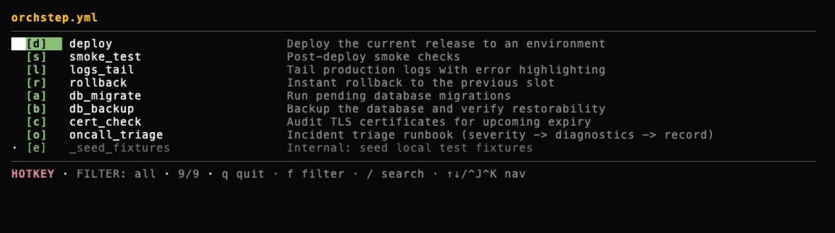 Click to enlarge orchstep menu - animated demo of hotkeys, search and filters