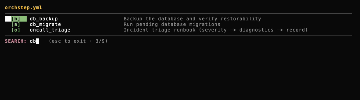 Click to enlarge orchstep menu - fuzzy search filtering tasks live